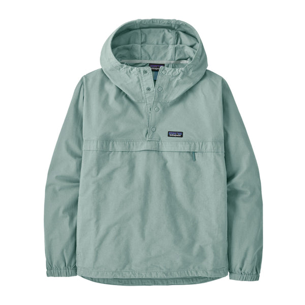 A Patagonia Funhoggers Anorak Pullover in thermal blue featuring a hood and a drawcord on a white background.