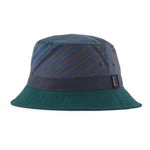 Patagonia Wavefarer Bucket Hat in Rainfall Quilt Ink Black with blue and green pattern on a white background.