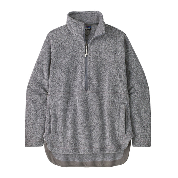 Patagonia Women's Better Sweater Oversized Pullover in gray color with a half-zip front, stand-up collar, and a marsupial pocket on a white background.