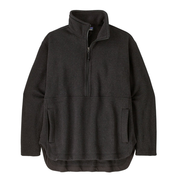 Patagonia Women's Better Sweater Oversized Pullover in black color with a half-zip front, stand-up collar, and a marsupial pocket on a white background.
