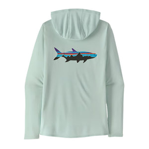 A wispy green Patagonia Women's Cap Cool Daily hoody with fitz roy tarpon logo on the back on a white background.