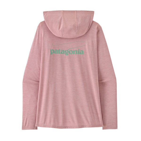 A light fuzzy mauve Patagonia Women's Cap Cool Daily Hoody with a green casting logo on the back, displayed against a white background.