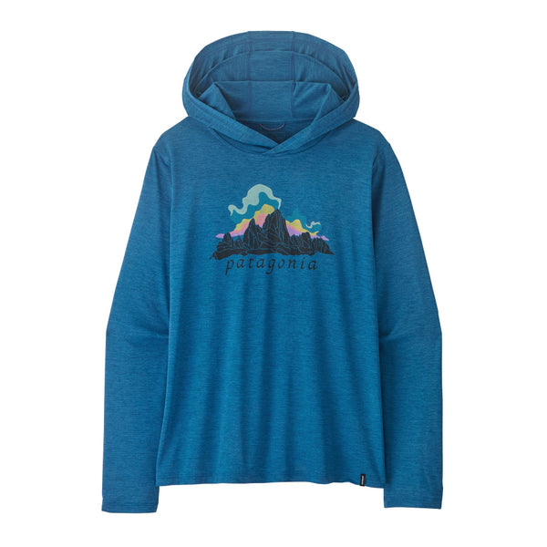 Aquatic blue Patagonia Women's Capilene Cool Daily Hoody with Patagonia Fitz Roy Nimbus graphic on the front, on a white background.