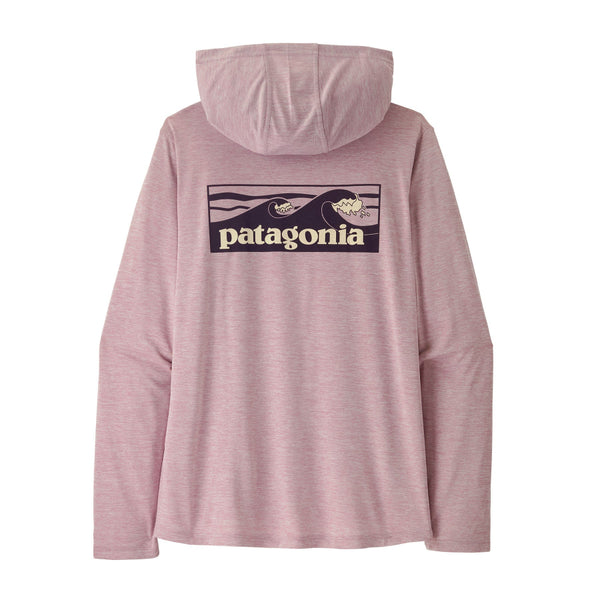 Light violet Patagonia Women's Capilene Cool Daily Hoody with Patagonia boardshort logo on the back, on a white background.