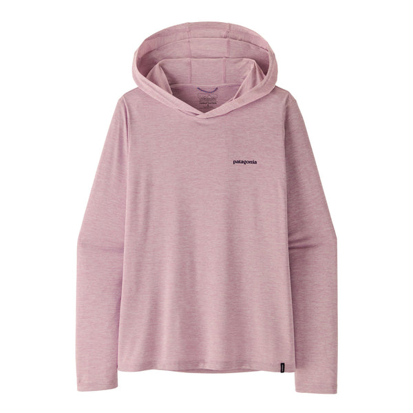 Light violet Patagonia Women's Capilene Cool Daily Hoody with Patagonia boardshort logo on the back and small logo on front left chest, on a white background.