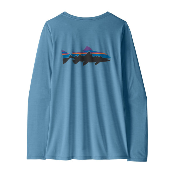 Shore blue x-dye Patagonia Women's Capilene Cool Daily Shirt with a Fitz Roy Trout design on the back against a white background.