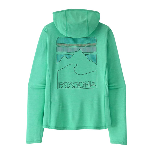 Aqua teal x-dye Peak Visions Patagonia Women's Capilene Cool Sun Hoody with a mountain design on the back against a white background.
