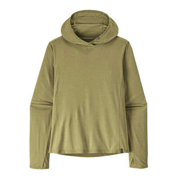 Gumtree green x-dye Patagonia Women's Capilene Cool Sun Hoody against a white background.