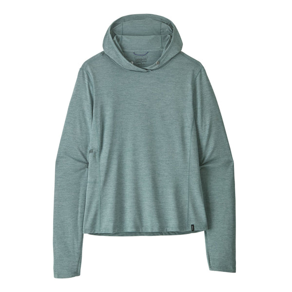 Nouveau green and sage blue x-dye Patagonia Women's Capilene Cool Sun Hoody against a white background.