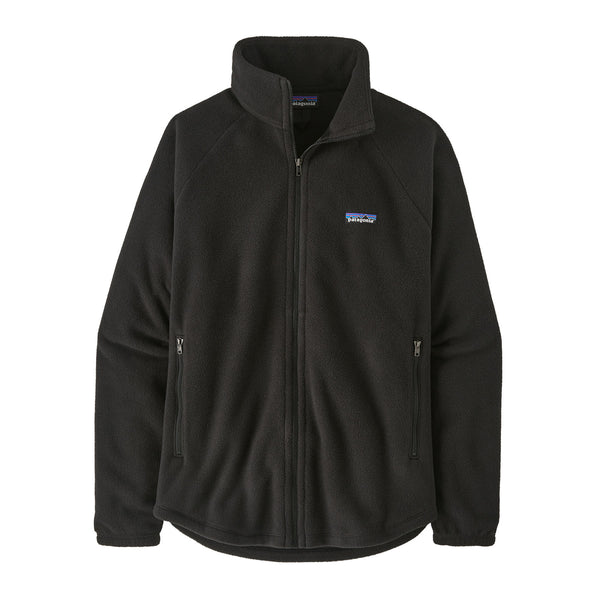 Patagonia Women's Classic Microdini black fleece jacket with Patagonia logo on a white background.