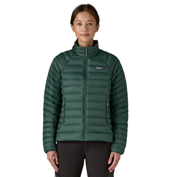 Person wearing a cascade green Patagonia Down Sweater insulated Jacket with black pants on a white background.