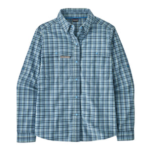 Patagonia Women's Early Rise Stretch Shirt in blue plaid, on a white background.