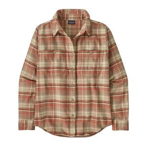 Patagonia Women's Fjord Cotton Flannel Shirt in River Plaid: Potters Red on a white background.