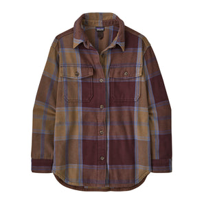 A Patagonia Women's Fjord Loft Overshirt Jacket in polar tide: berry fig plaid pattern, shown against a plain white background.