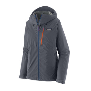 A smolder blue Patagonia Women's Granite Crest Rain Jacket with a blue front zipper and orange pocket zip, on a white background.