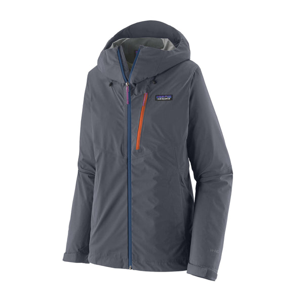 A smolder blue Patagonia Women's Granite Crest Rain Jacket with a blue front zipper and orange pocket zip, on a white background.