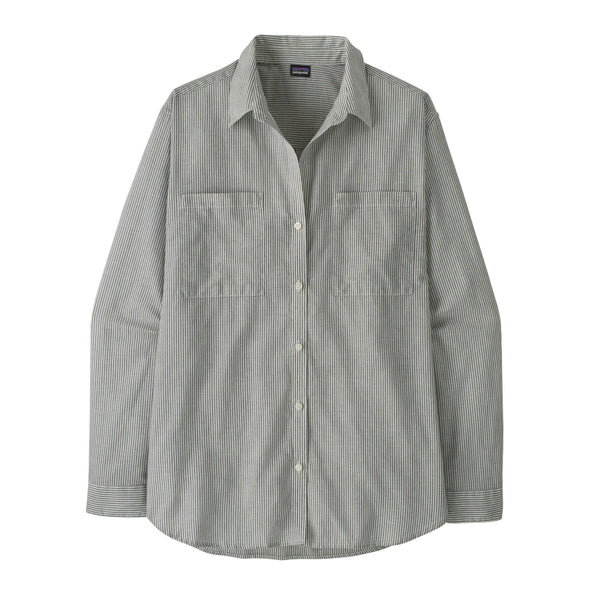 Blue and grey stripe long-sleeved Patagonia Women's Lightweight A/C Buttondown Shirt on a white background.