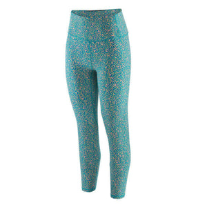 A pair of Patagonia Women's Maipo 7/8 Tights in a speckled blue color on a white background.