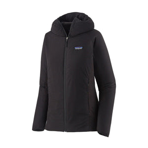 A black Patagonia Women's Nano-Air Light Hybrid Hoody with a hood, featuring a zipper and brand logo on the chest, against a white background.