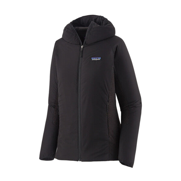 A black Patagonia Women's Nano-Air Light Hybrid Hoody with a hood, featuring a zipper and brand logo on the chest, against a white background.