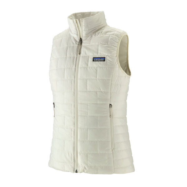 Birch white Patagonia Women's Nano Puff Insulated Vest with small Patagonia logo patch on front left chest, on a white background.