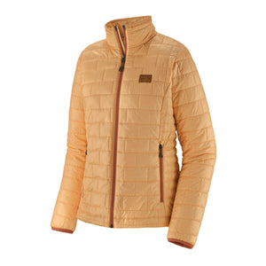 A Patagonia Women's Nano Puff Jacket in sand melon color, featuring a quilted pattern and zippered pockets, on a white background.