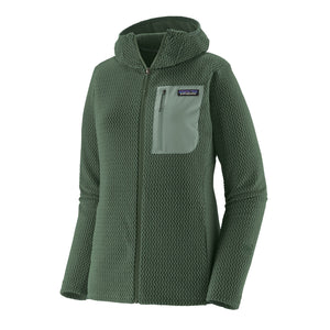 The Patagonia Women's R1 Air Fleece Full-Zip Hoody in canopy green color with a front zip pocket and full length zipper, against a white background.