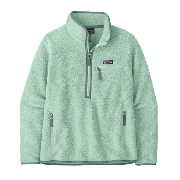 Light green thin ice color Patagonia Women's Retro Pile Marsupial fleece pullover with a brand logo on a white background.