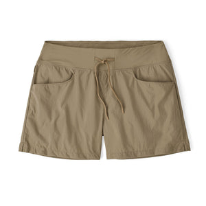 Patagonia Women's Sandy Cay Shorts in seabird grey, with drawstring waist and 4 inch inseam, on a white background.
