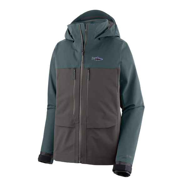 A summit blue Patagonia Women's Swiftcurrent Wading Jacket, featuring a muted teal upper section and sleeves with a dark gray lower body panel, shown on a plain white background.