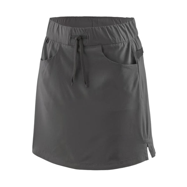Front view of the patagonia women's tech skort in forge grey showing pocket and drawstring waist details on a white background.