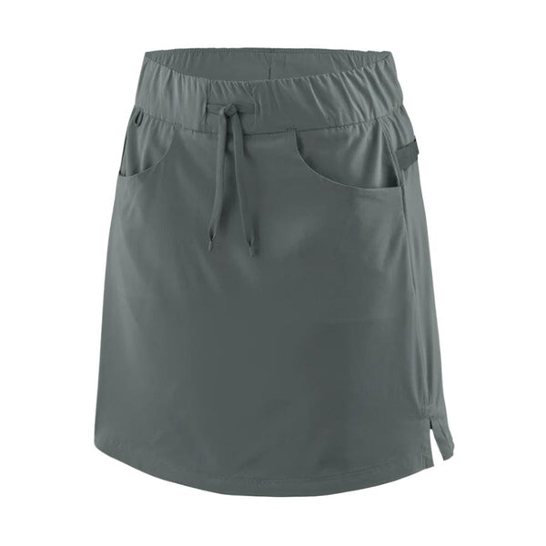 Front view of the patagonia women's tech skort in nouveau green showing pocket and drawstring waist details on a white background.