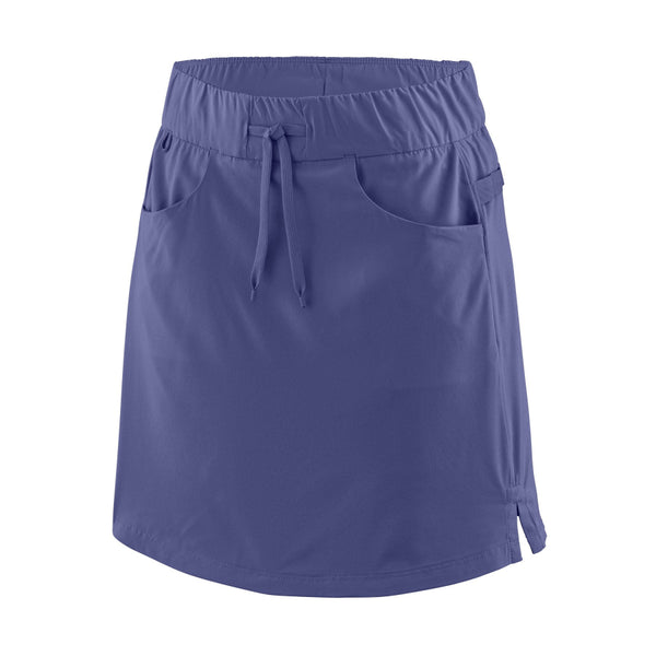 Front view of the patagonia women's tech skort in solstice purple showing pocket and drawstring waist details on a white background.