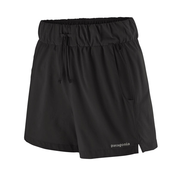 Black Patagonia Women's Terrebonne Shorts with drawstring waist Patagonia logo on a white backgroun.d