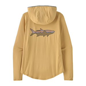 Patagonia Women's Tropic Comfort Natural Graphic Hoody in beeswax tan with the Patagonia fitz roy tarpon logo on the back, featuring a hood, long sleeves, and thumb loops over a white background.
