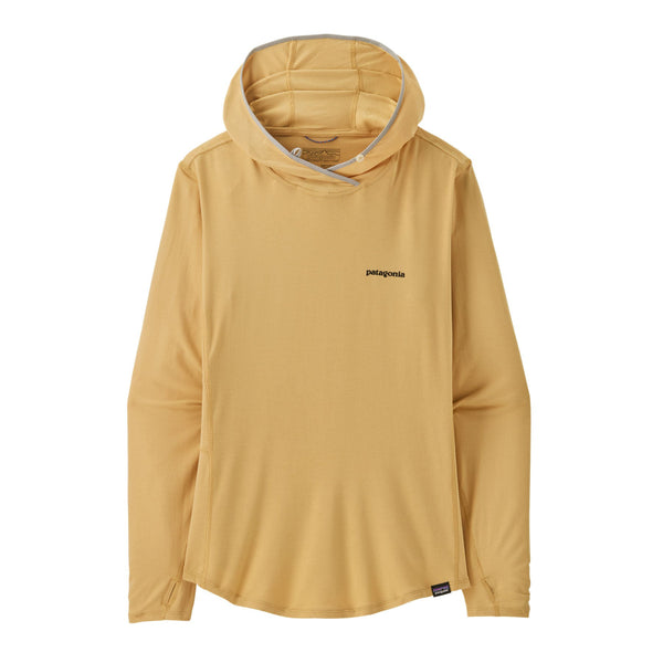 Patagonia Women's Tropic Comfort Natural Graphic Hoody in beeswax tan with the Patagonia logo on front left over a white background.