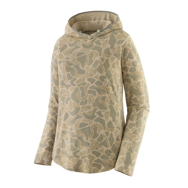 The coastal edge- natural beige color Patagonia Women's Tropic Comfort Natural Sun Hoody on a white background.