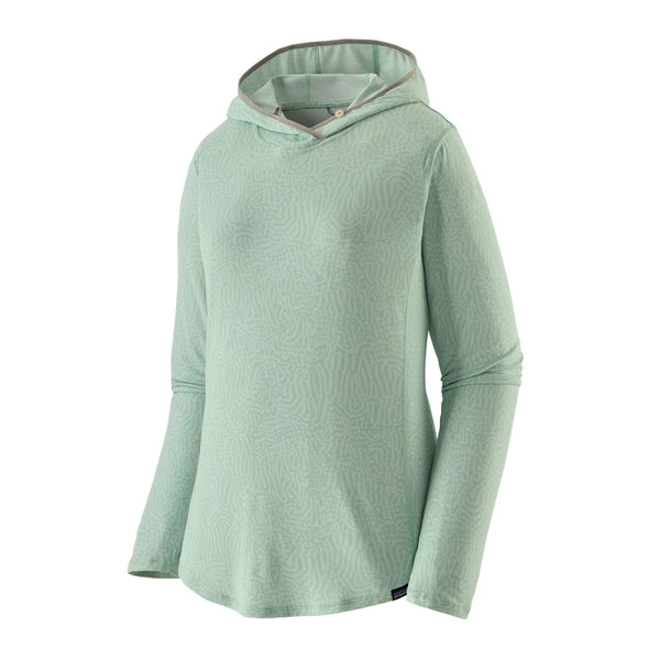 The sea run - thin ice color Patagonia Women's Tropic Comfort Natural Sun Hoody on a white background.