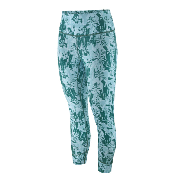 Patagonia Women's Topic Comfort UPF Sun Tights in green cliffs and waves pattern on a white background.