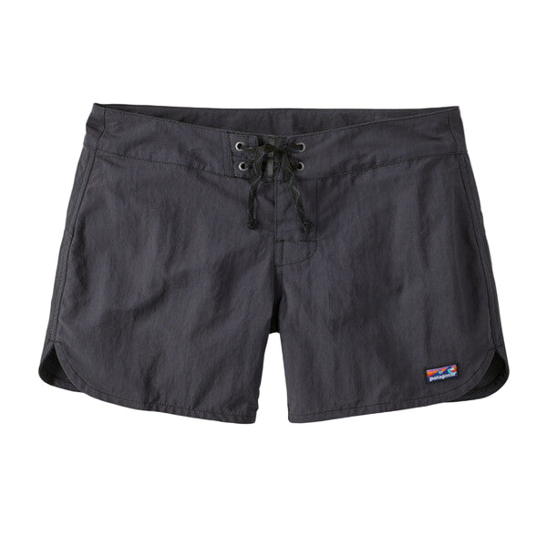 Black Patagonia Women's Wavefarer Board shorts with a brand logo on a white background.