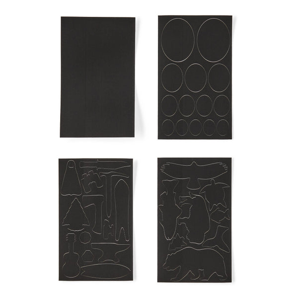 4 black pieces of Patagonia Worn Wear Patch Kit material on a white background.