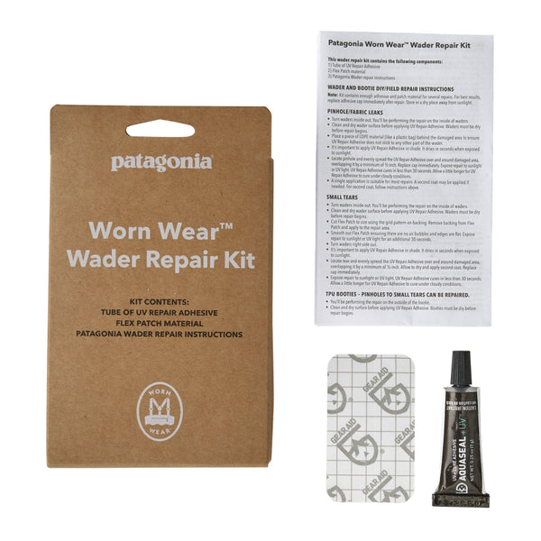 Patagonia Worn Wear Wader Repair Kit packaging along with kit contents and instructions on a white background.