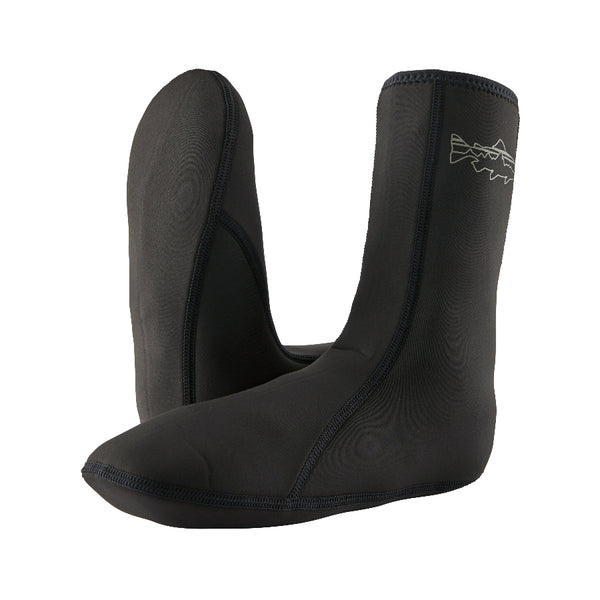 Black neoprene Patagonia Yulex Wading Socks on a white background.
