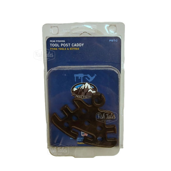 Packaged Peak Fishing Tool Post Caddy in clear plastic with a blue backing card, displaying the product and branding on a white background.