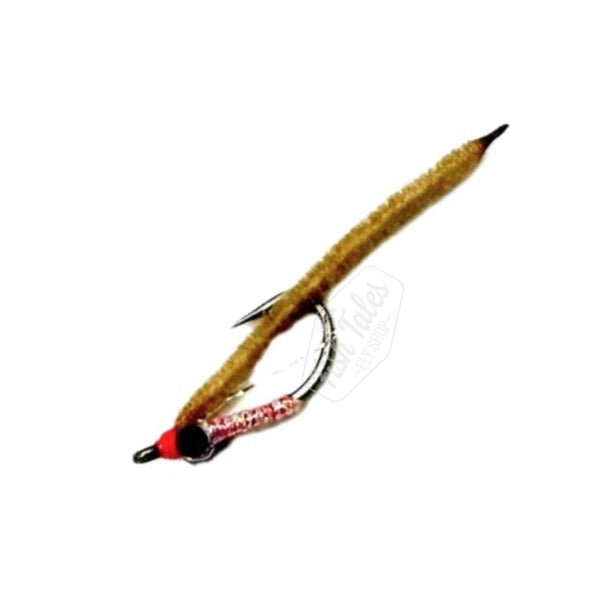 Saltwater Bonefish Worm fly with tan chenille wing, pink accents and black bead chain eyes  on a white background.