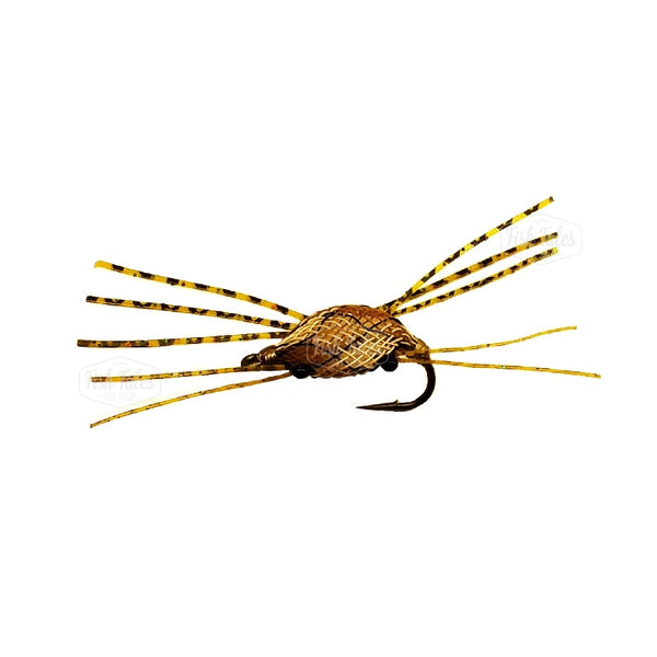 Floating Crab fly with tan and black flexo body and yellow and black legs on a white background.