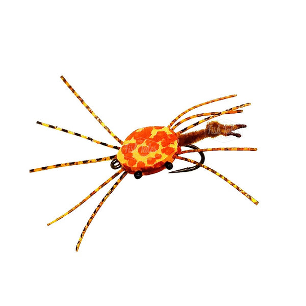 Floating Crab fly with orange and yellow foam body and black and yellow legs on a white background.