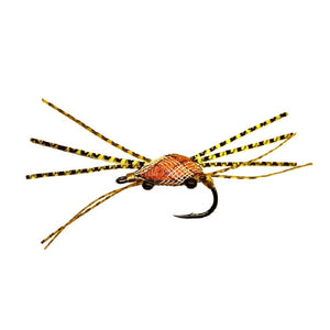 Floating Crab fly with orange body and black and yellow legs on a white background.