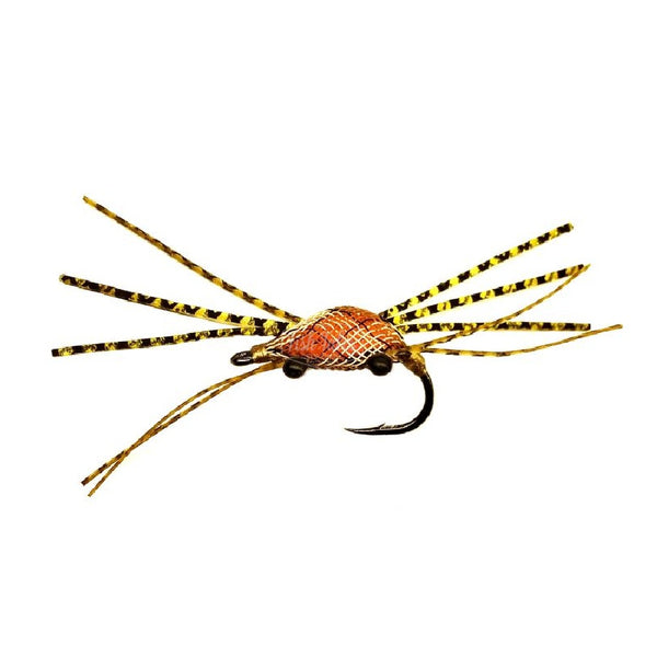 Floating Crab fly with orange body and black and yellow legs on a white background.
