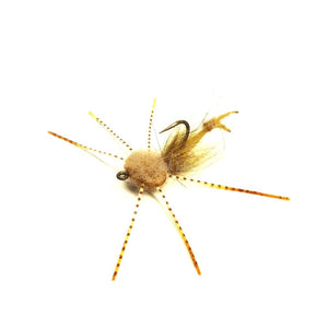 Saltwater Velcro Crab fly with tan furry foam body, tan chenille strong arm, and barred orange fire tip sili legs on a white background.